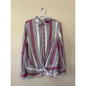 Love Potion Womens Medium Long Sleeve Henley Striped Front Tie Blouse Purple
